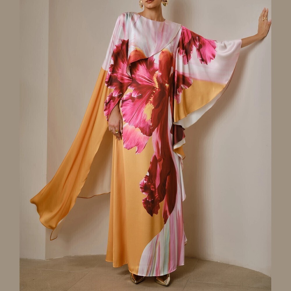 Pink Orange Floral Print Cape Sleeve Round Neck Maxi Dress